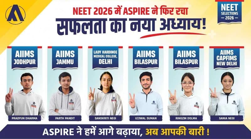 Aspire NEET 2026 selections banner, headline "NEET 2026 में ASPIRE ने फिर रचा सफलता का नया अध्याय", showing six students with the AIIMS and other medical colleges they were selected to