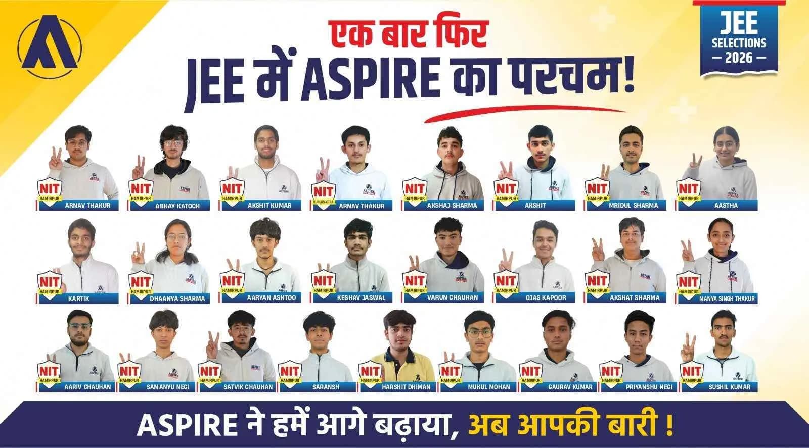 Aspire JEE 2026 selections banner, headline "एक बार फिर JEE में ASPIRE का परचम", showing a grid of students with their NIT allotments