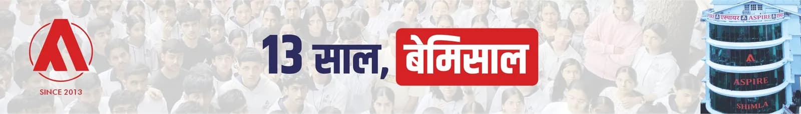 Aspire IIT & Medical "13 साल, बेमिसाल" anniversary strip banner with the Aspire logo over a faded crowd of students