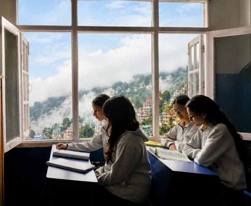 Four students in grey hoodies studying at desks by large open windows overlooking misty Shimla hills