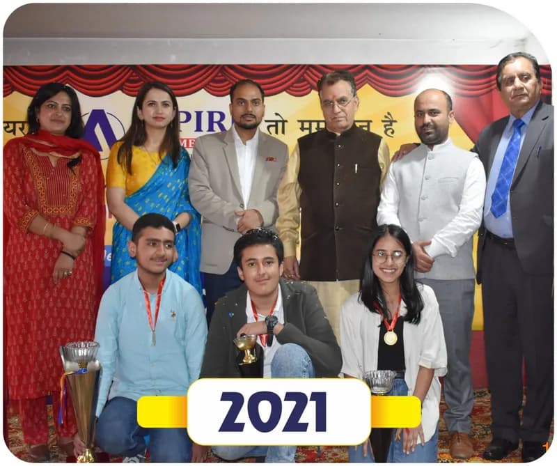 Brain of Himachal 2021: winners with trophies and medals posing with guests in front of an Aspire banner (year label printed on the image)