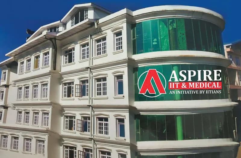 White multi-storey Aspire IIT & Medical building with a curved green-glass corner carrying the Aspire logo, under a blue sky
