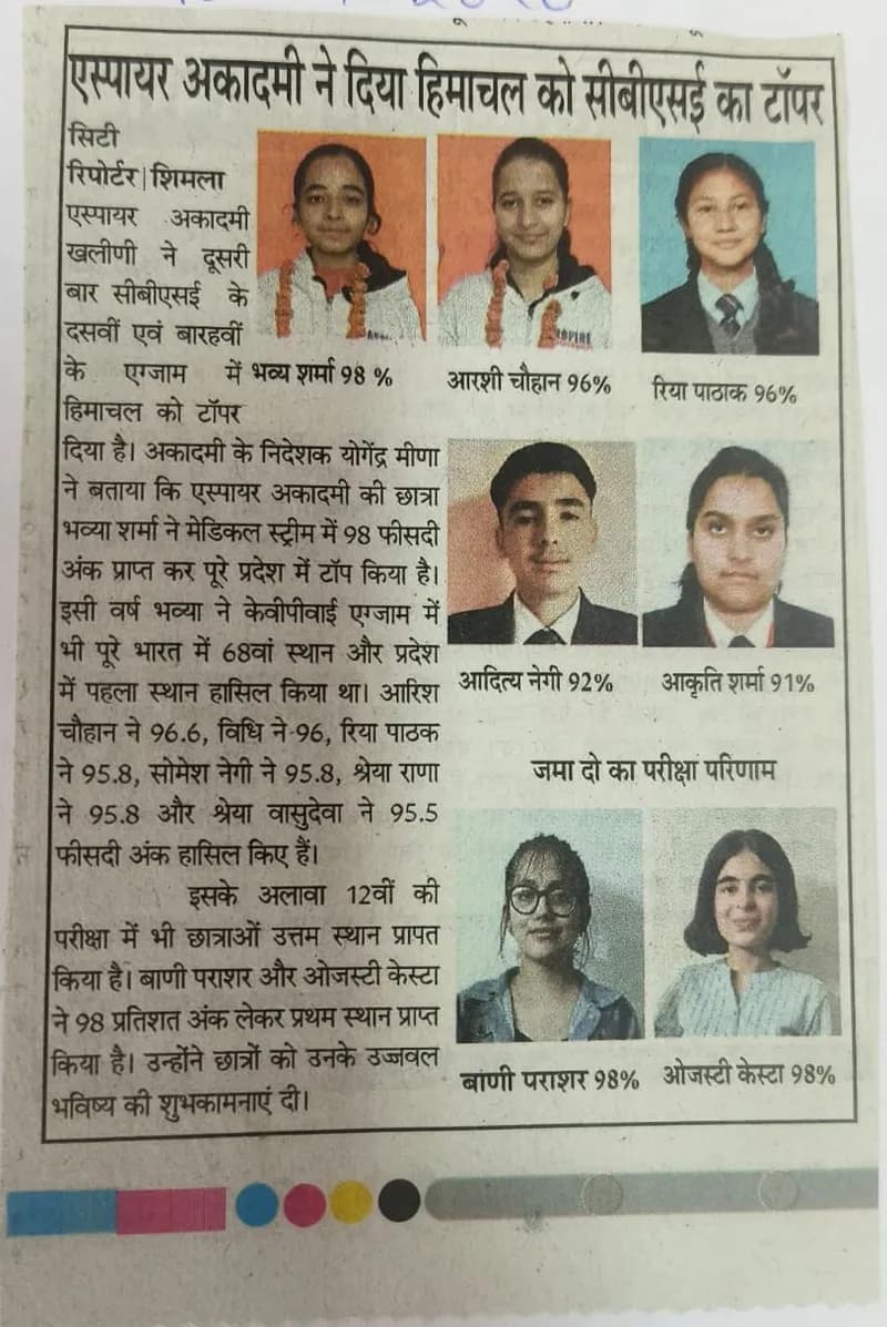 Hindi newspaper clipping about Aspire Academy students' CBSE board results, with photos of several students