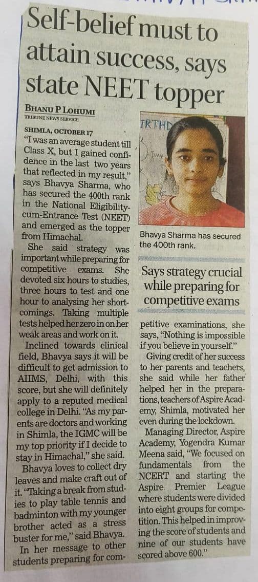 English newspaper clipping "Self-belief must to attain success, says state NEET topper" about an Aspire student, with her photo