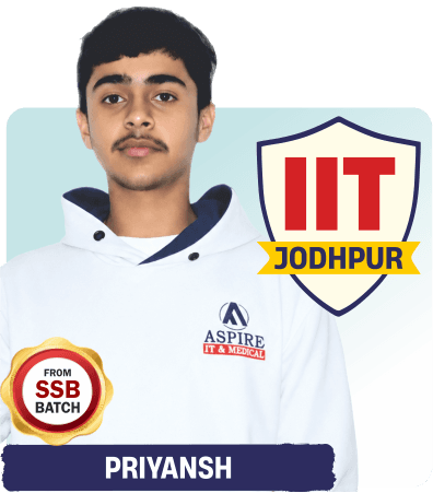 JEE 2026 result card: portrait of Priyansh in an Aspire hoodie showing a victory sign, with the name and "IIT Jodhpur" printed on the card