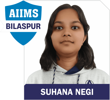 NEET 2025 result card: portrait of Suhana Negi in an Aspire hoodie, with the name and "AIIMS Bilaspur" printed on the card