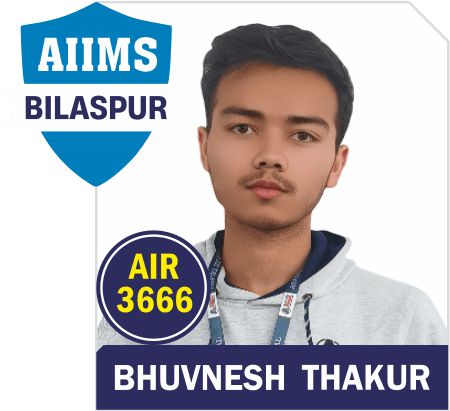 NEET 2025 result card: portrait of Bhuvnesh Thakur in an Aspire hoodie, with the name and "AIIMS Bilaspur" printed on the card
