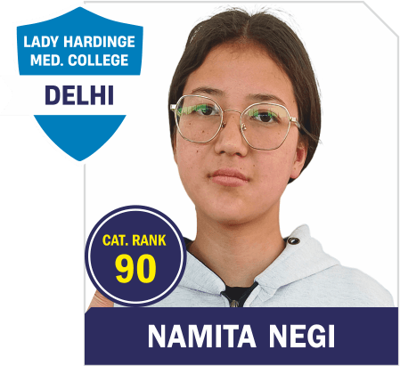 NEET 2025 result card: portrait of Namita Negi in an Aspire hoodie, with the name and "Lady Hardinge Medical College, Delhi" printed on the card