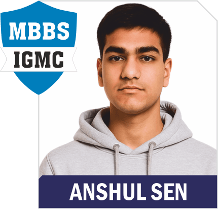 NEET 2025 result card: portrait of Anshul Sen in an Aspire hoodie, with the name and "MBBS IGMC" printed on the card