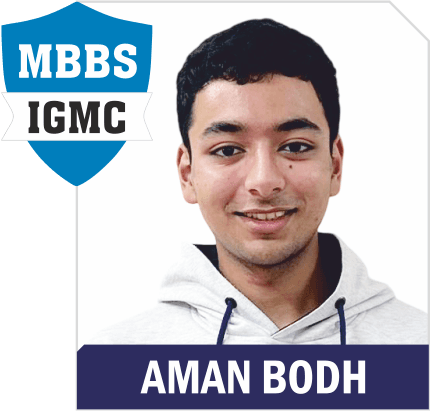 NEET 2025 result card: portrait of Aman Bodh in an Aspire hoodie, with the name and "MBBS IGMC" printed on the card