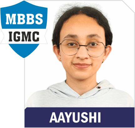 NEET 2025 result card: portrait of Aayushi in an Aspire hoodie, with the name and "MBBS IGMC" printed on the card