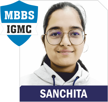 NEET 2025 result card: portrait of Sanchita in an Aspire hoodie, with the name and "MBBS IGMC" printed on the card