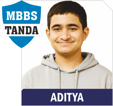 NEET 2025 result card from Aspire IIT & Medical: portrait of a selected student in an Aspire hoodie, with the student's name and allotted medical college printed on the card