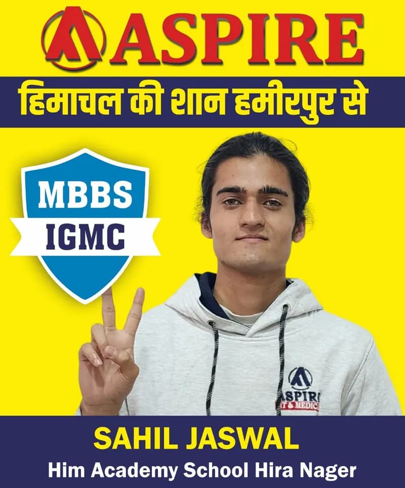 NEET 2024 result card from Aspire IIT & Medical: portrait of a selected student in an Aspire hoodie, with the student's name and allotted medical college printed on the card