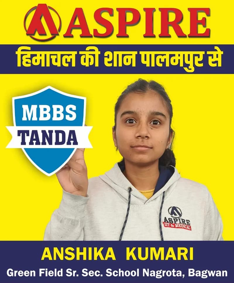 NEET 2024 result card from Aspire IIT & Medical: portrait of a selected student in an Aspire hoodie, with the student's name and allotted medical college printed on the card