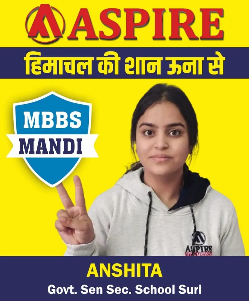 NEET 2024 result card from Aspire IIT & Medical: portrait of a selected student in an Aspire hoodie, with the student's name and allotted medical college printed on the card