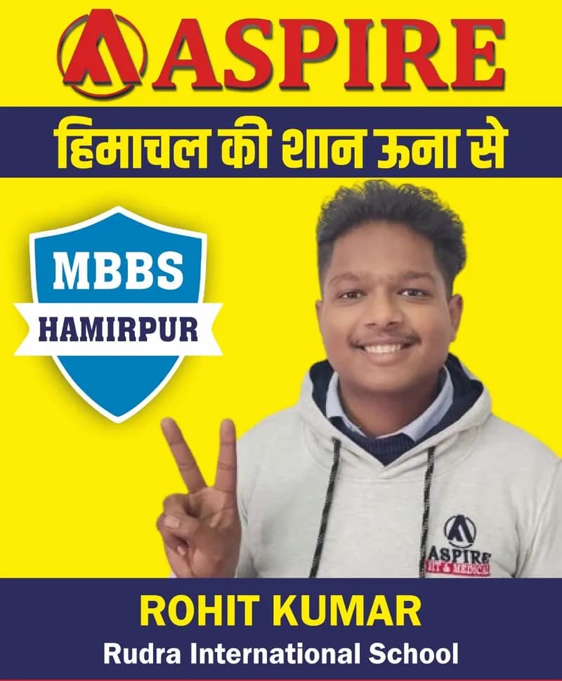 NEET 2024 result card from Aspire IIT & Medical: portrait of a selected student in an Aspire hoodie, with the student's name and allotted medical college printed on the card