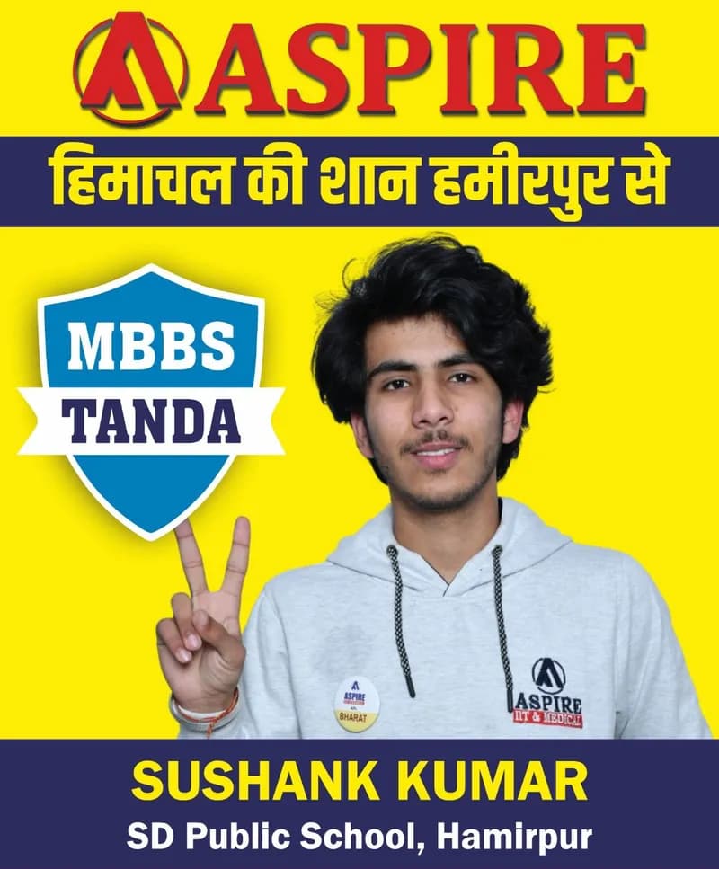 NEET 2024 result card from Aspire IIT & Medical: portrait of a selected student in an Aspire hoodie, with the student's name and allotted medical college printed on the card