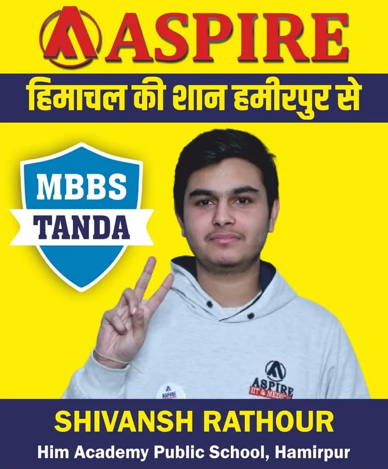 NEET 2024 result card from Aspire IIT & Medical: portrait of a selected student in an Aspire hoodie, with the student's name and allotted medical college printed on the card