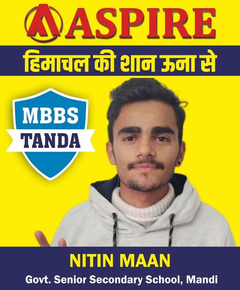 NEET 2024 result card from Aspire IIT & Medical: portrait of a selected student in an Aspire hoodie, with the student's name and allotted medical college printed on the card