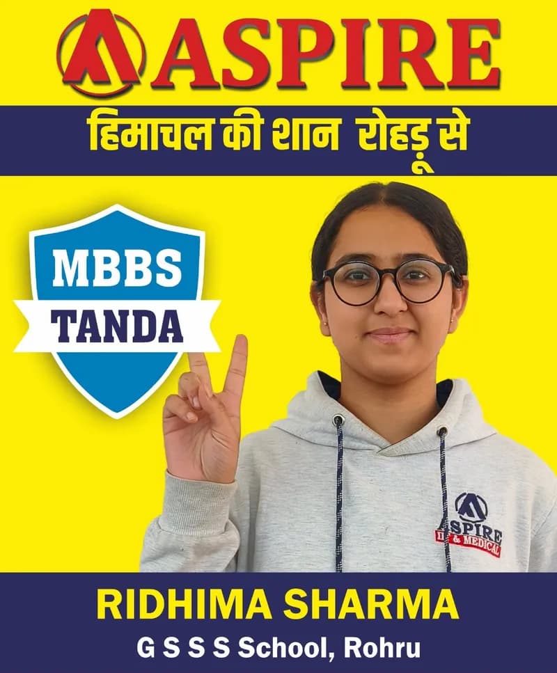 NEET 2024 result card from Aspire IIT & Medical: portrait of a selected student in an Aspire hoodie, with the student's name and allotted medical college printed on the card
