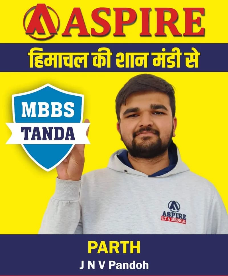 NEET 2024 result card from Aspire IIT & Medical: portrait of a selected student in an Aspire hoodie, with the student's name and allotted medical college printed on the card