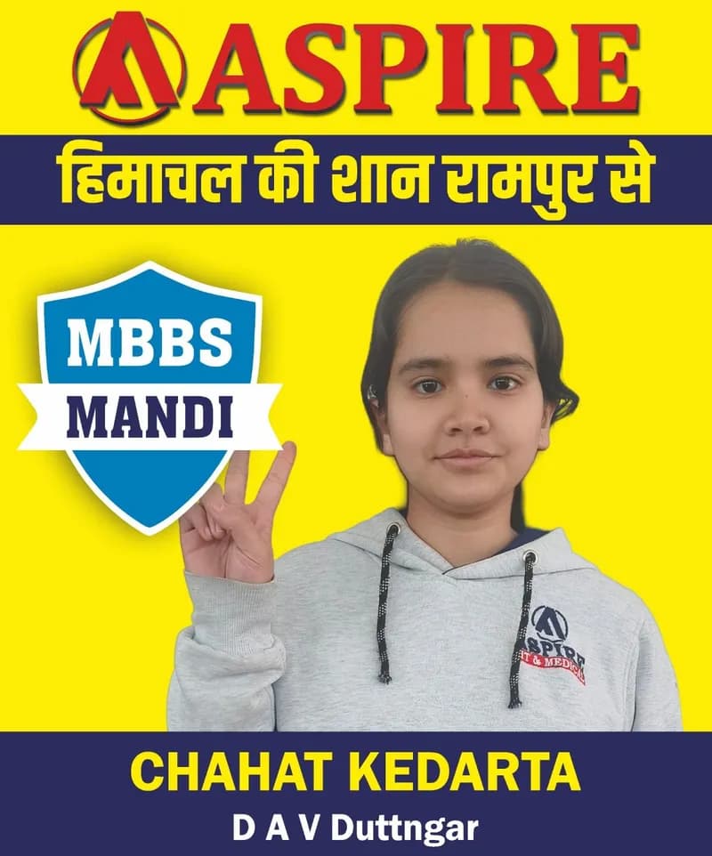 NEET 2024 result card from Aspire IIT & Medical: portrait of a selected student in an Aspire hoodie, with the student's name and allotted medical college printed on the card