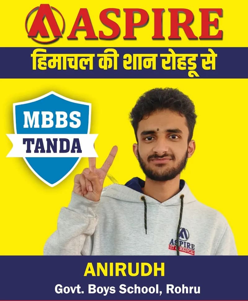 NEET 2024 result card from Aspire IIT & Medical: portrait of a selected student in an Aspire hoodie, with the student's name and allotted medical college printed on the card