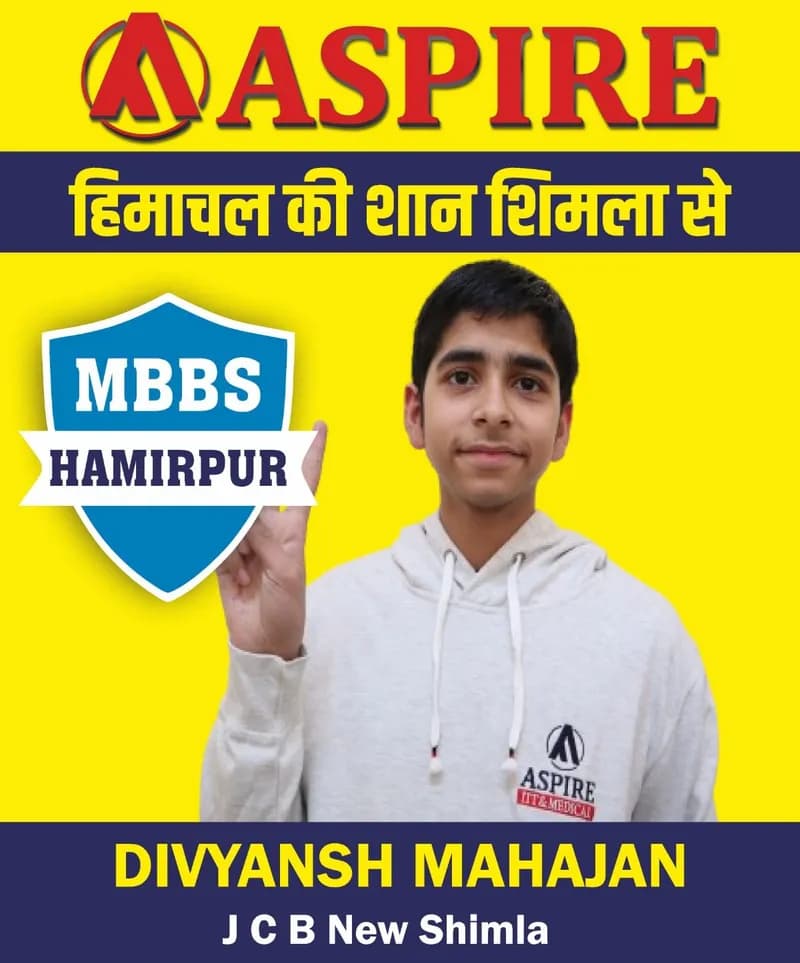 NEET 2024 result card from Aspire IIT & Medical: portrait of a selected student in an Aspire hoodie, with the student's name and allotted medical college printed on the card