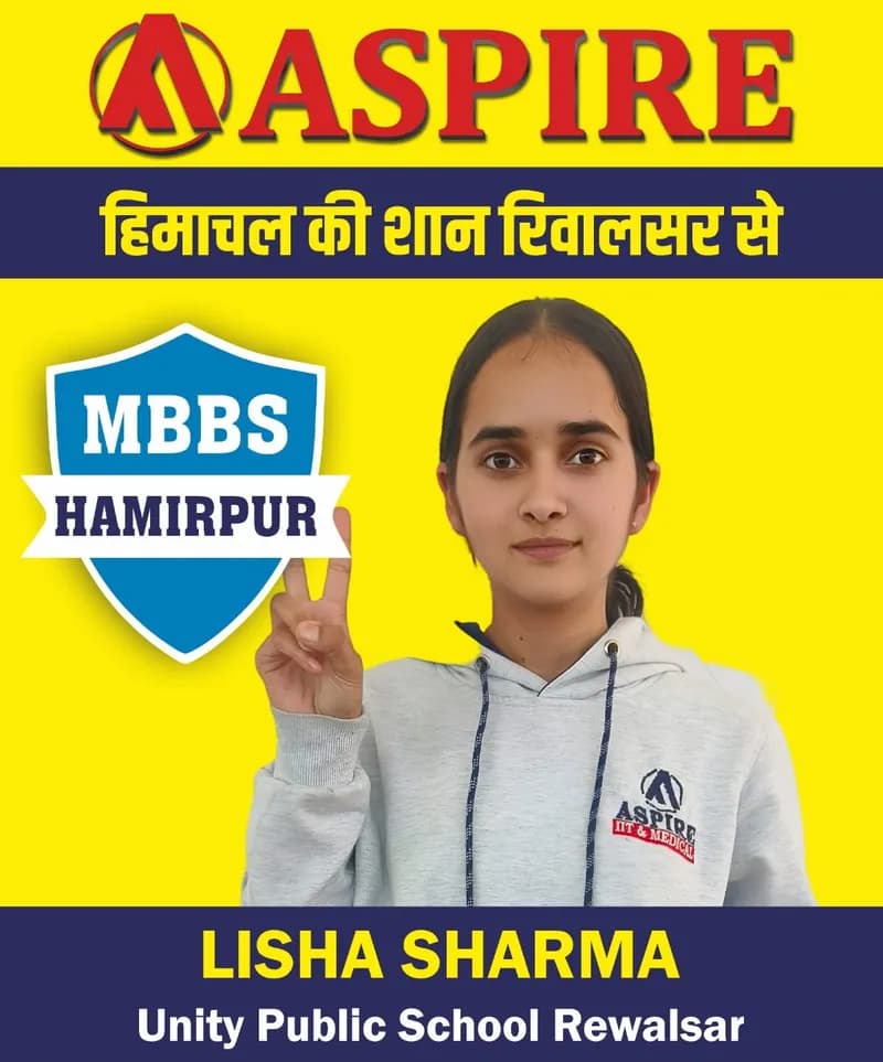 NEET 2024 result card from Aspire IIT & Medical: portrait of a selected student in an Aspire hoodie, with the student's name and allotted medical college printed on the card