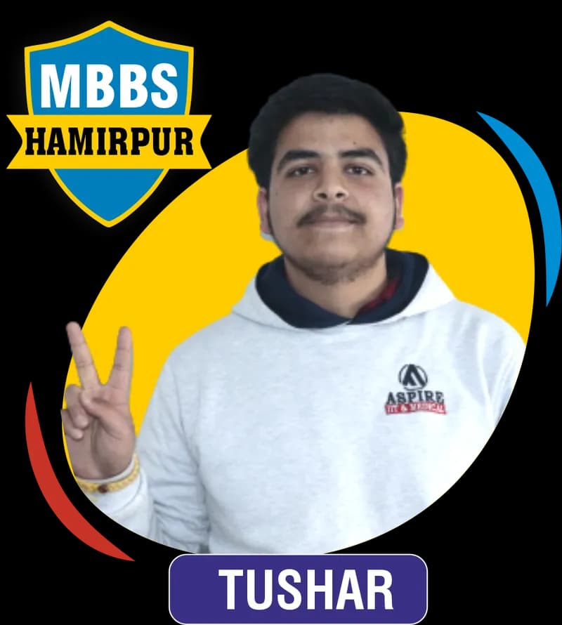 NEET 2023 result card from Aspire IIT & Medical: portrait of a selected student in an Aspire hoodie, with the student's name and allotted medical college printed on the card