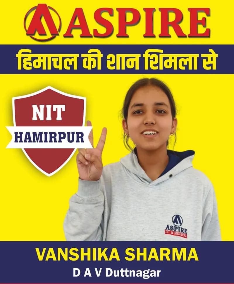 JEE 2024 result card from Aspire IIT & Medical: portrait of a selected student in an Aspire hoodie, with the student's name and allotted institute printed on the card