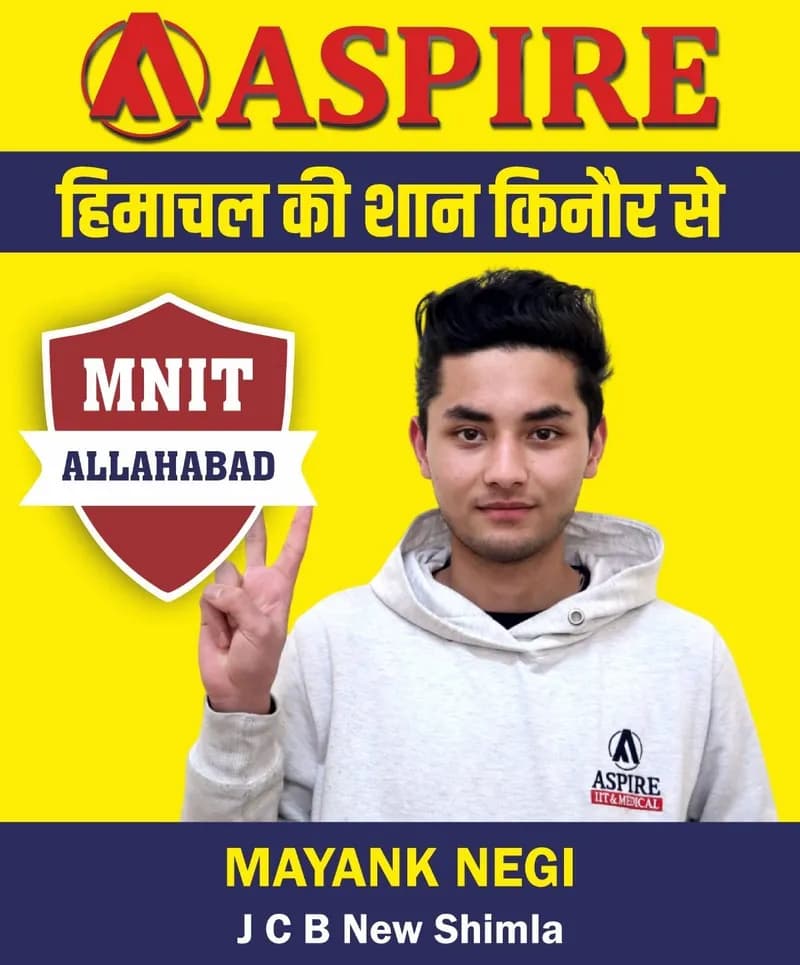 JEE 2024 result card from Aspire IIT & Medical: portrait of a selected student in an Aspire hoodie, with the student's name and allotted institute printed on the card